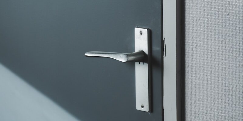 silver door lever on gray door